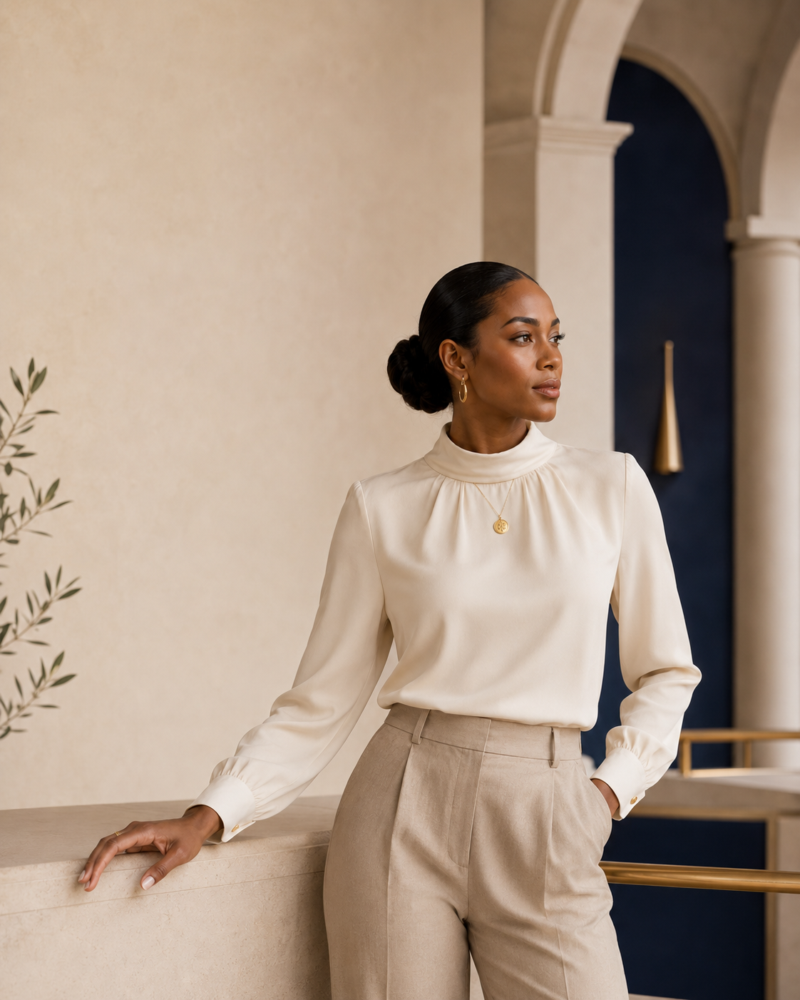 Confident African American woman in a refined architectural setting