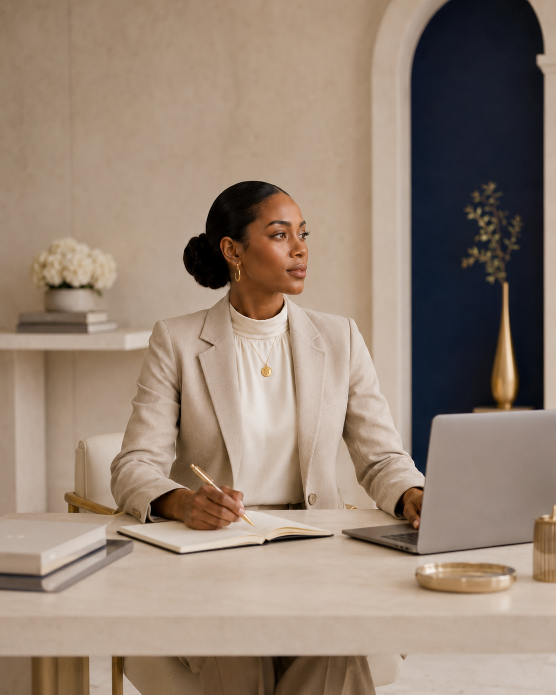Polished African American woman in a refined professional setting