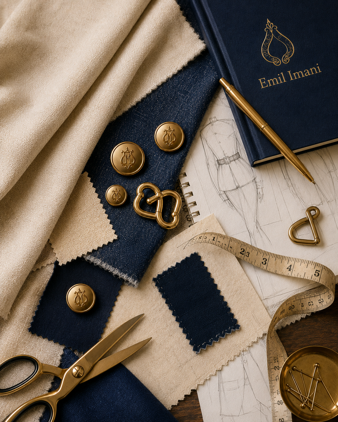 Natural linen, indigo denim and signature gold details