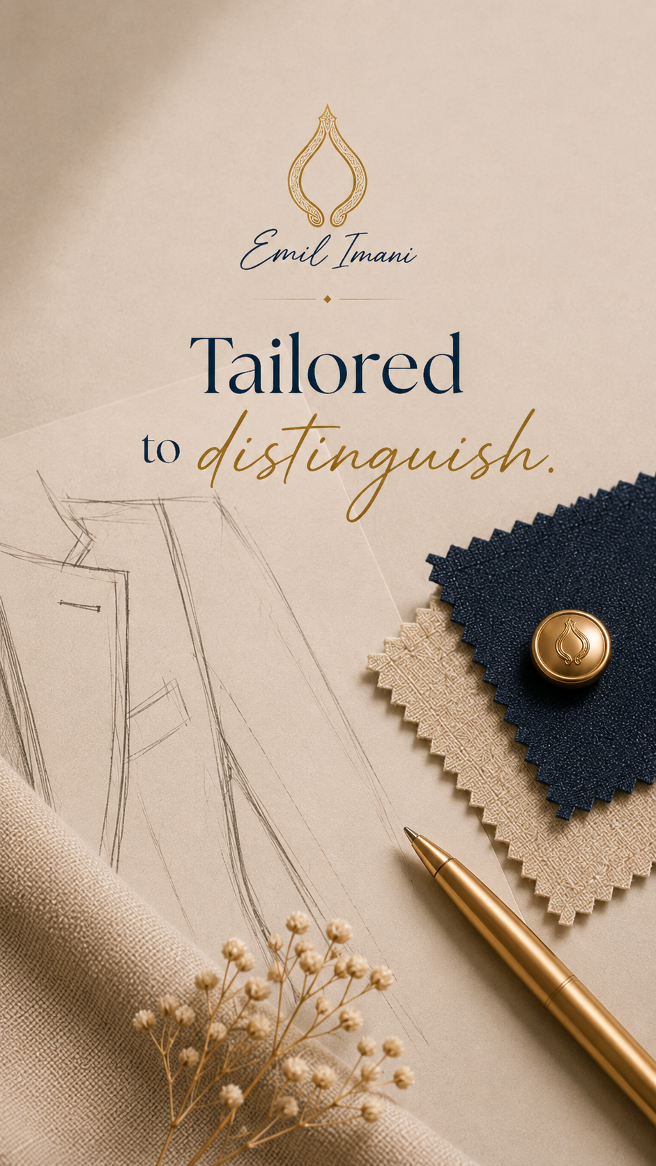 Creative workspace with tailoring sketches, fabric swatches and gold hardware