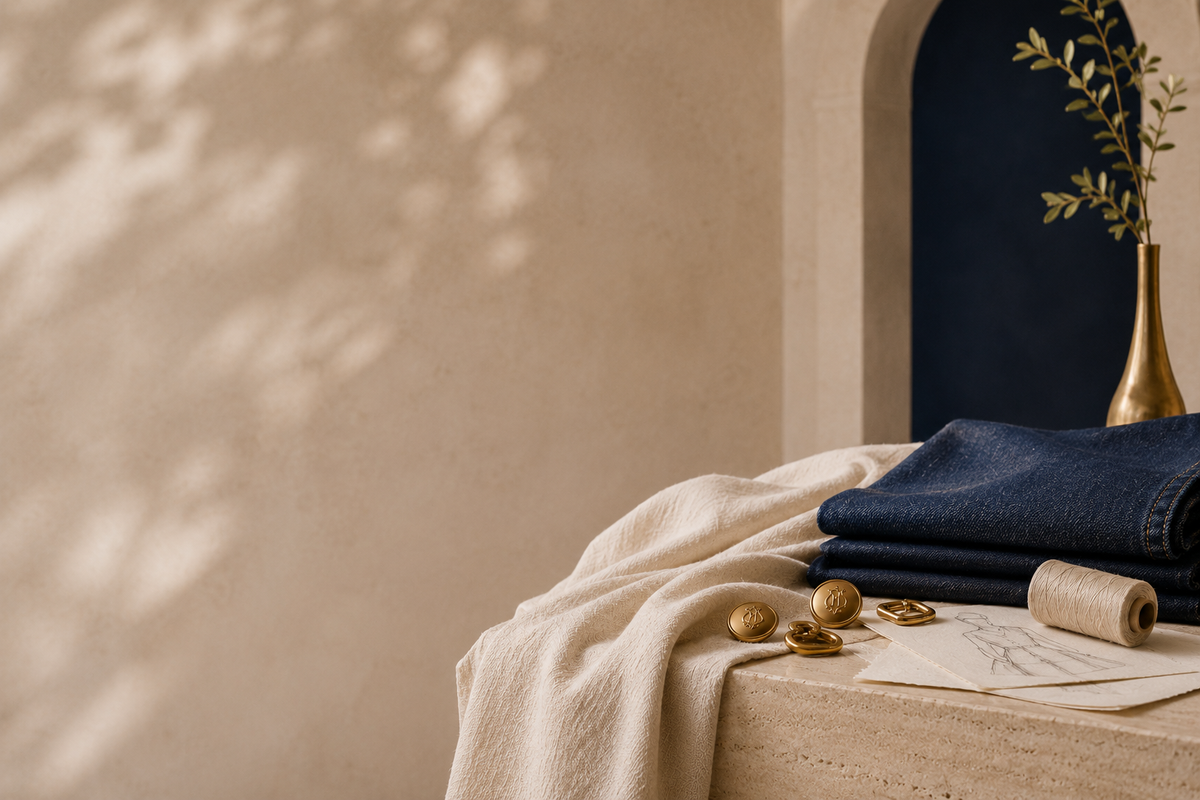 Emil Imani editorial still life with natural linen, indigo denim, gold hardware and tailoring sketches