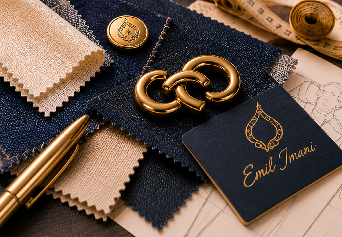 Emil Imani brand DNA with linen, indigo denim, gold hardware and tailoring sketches