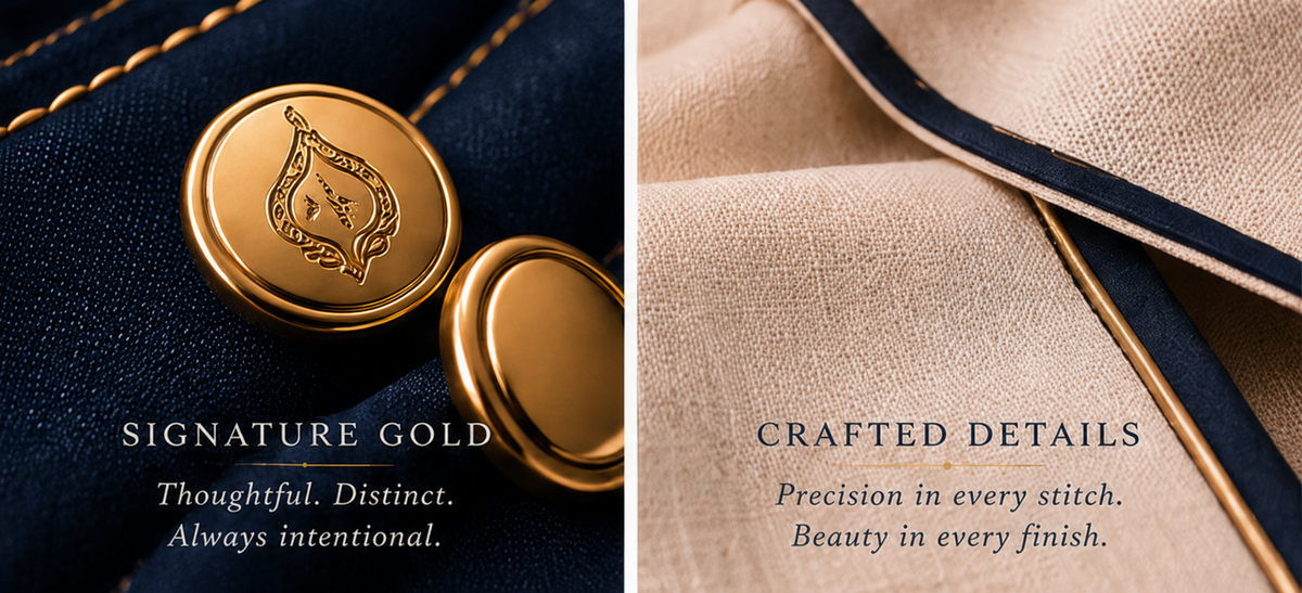 Emil Imani signature gold hardware and crafted tailoring details